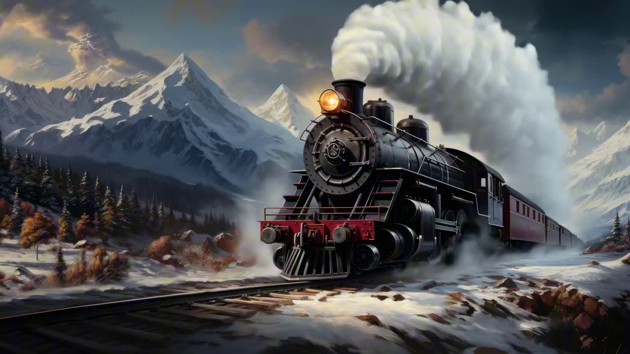 A vintage steam train travels through snowy mountains, captured from a low-angle