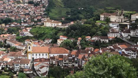 panning-aerial-view-of-Ouro-Preto,-a-former-colonial-mining-town-in-Minas-Gerais-state,-Brazil