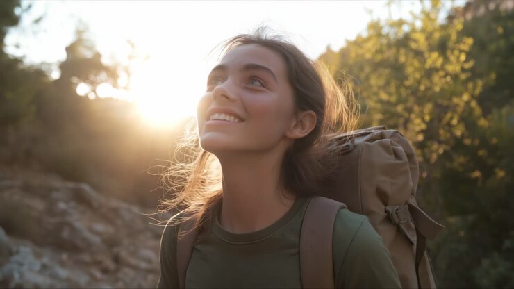 Jovem fazendo trilha na natureza ao pôr do sol