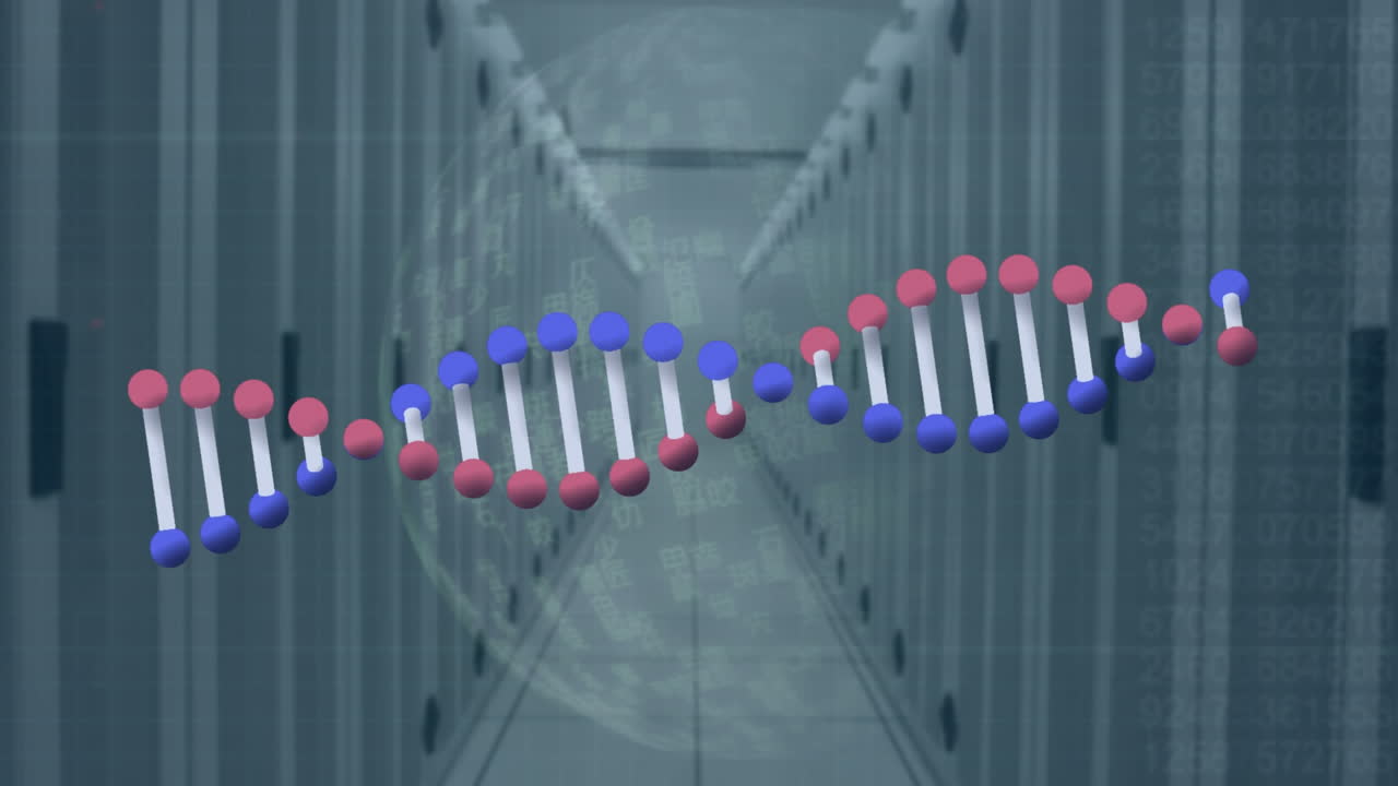 animación del procesamiento de datos, globo y cadena de adn sobre la sala del servidor