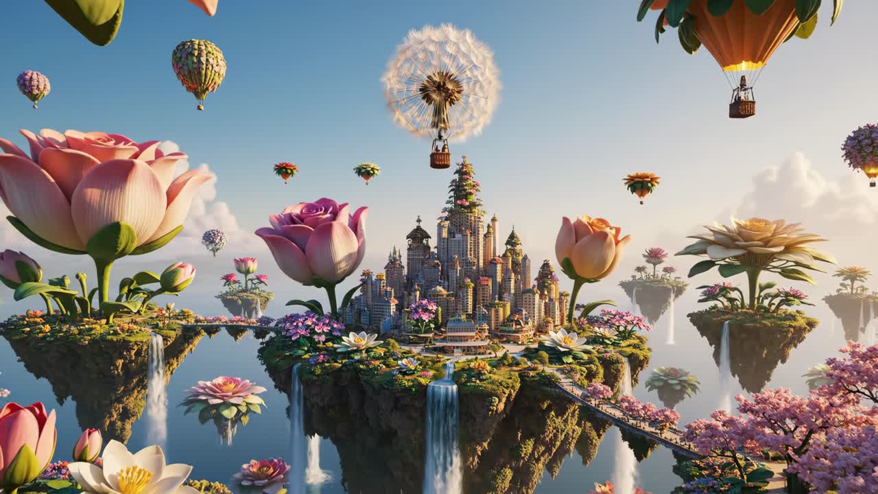 A Floating City with Dandelion Balloons and Flower Islands