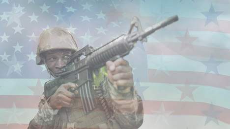 animation of american soldier over american flag floating