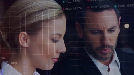 animation of financial data and graphs over caucasian businessman and businesswoman talking