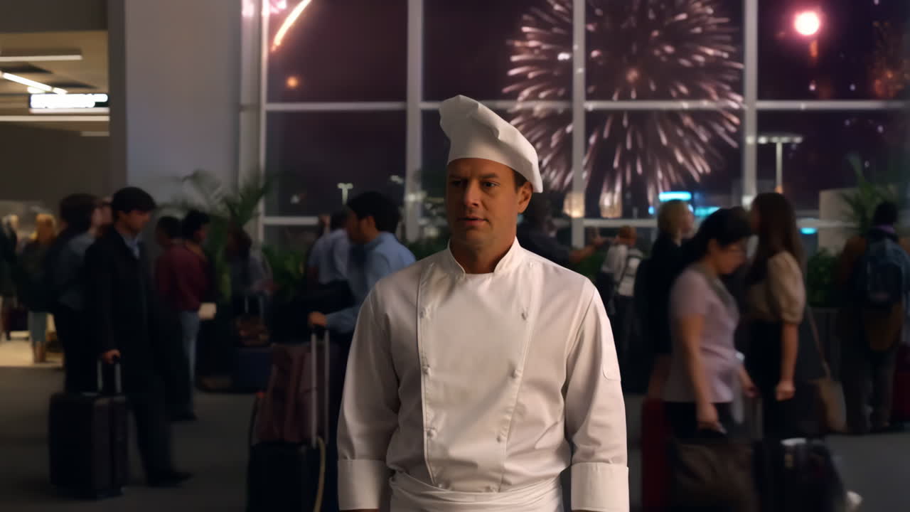 Chef at a night celebration with fireworks