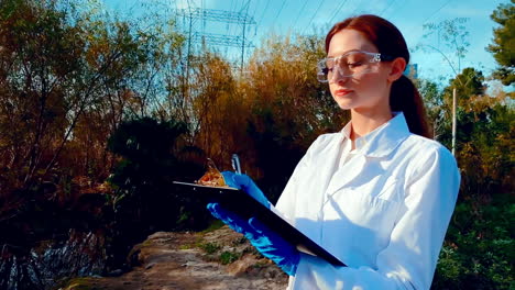 A-young-woman-scientist-at-a-creek,-wearing-protective-eyewear-and-a-lab-coat,-taking-notes-on-a-clipboard