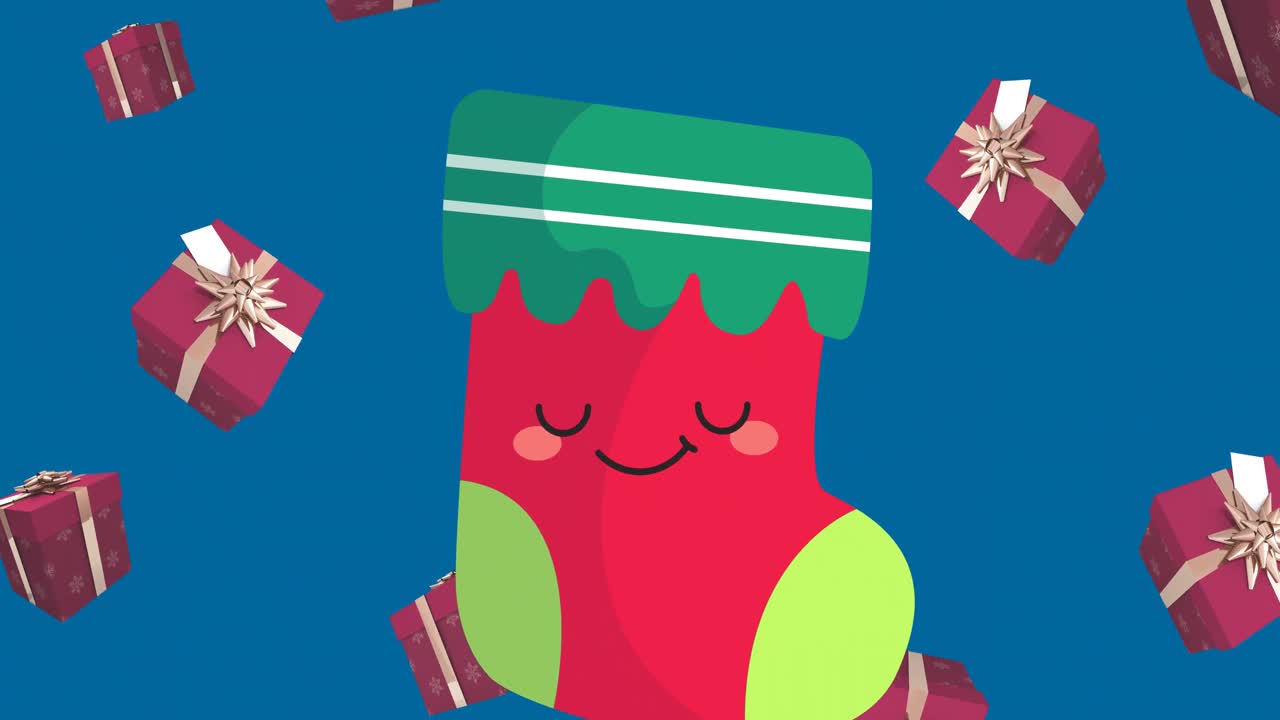 선물 과 크리스마스 양말 이 파란색 배경 에 떨어지는 애니메이션
