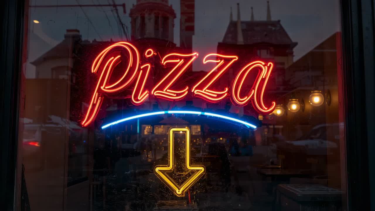 Blaue Leuchtreklame einer Pizzeria, gelber Pfeil auf dem Schaufensterglas, der auf Autos reagiert und Mäntel reflektiert