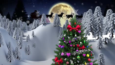 Animation-of-santa-claus-in-sleigh-pulled-by-reindeers-against-christmas-tree-on-winter-landscape