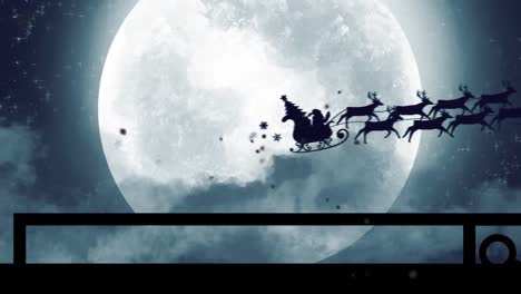 Die-Silhouette-Des-Weihnachtsmanns-Und-Seines-Rentiers,-Die-Vor-Dem-Vollmond-Fliegen,-Ist-Ein-Beliebtes-Weihnachtsfest