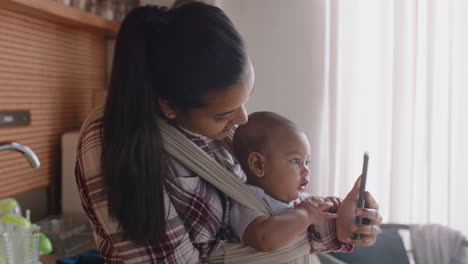 young mother and baby having video chat with best friend using smartphone waving at toddler happy mom enjoying sharing motherhood lifestyle