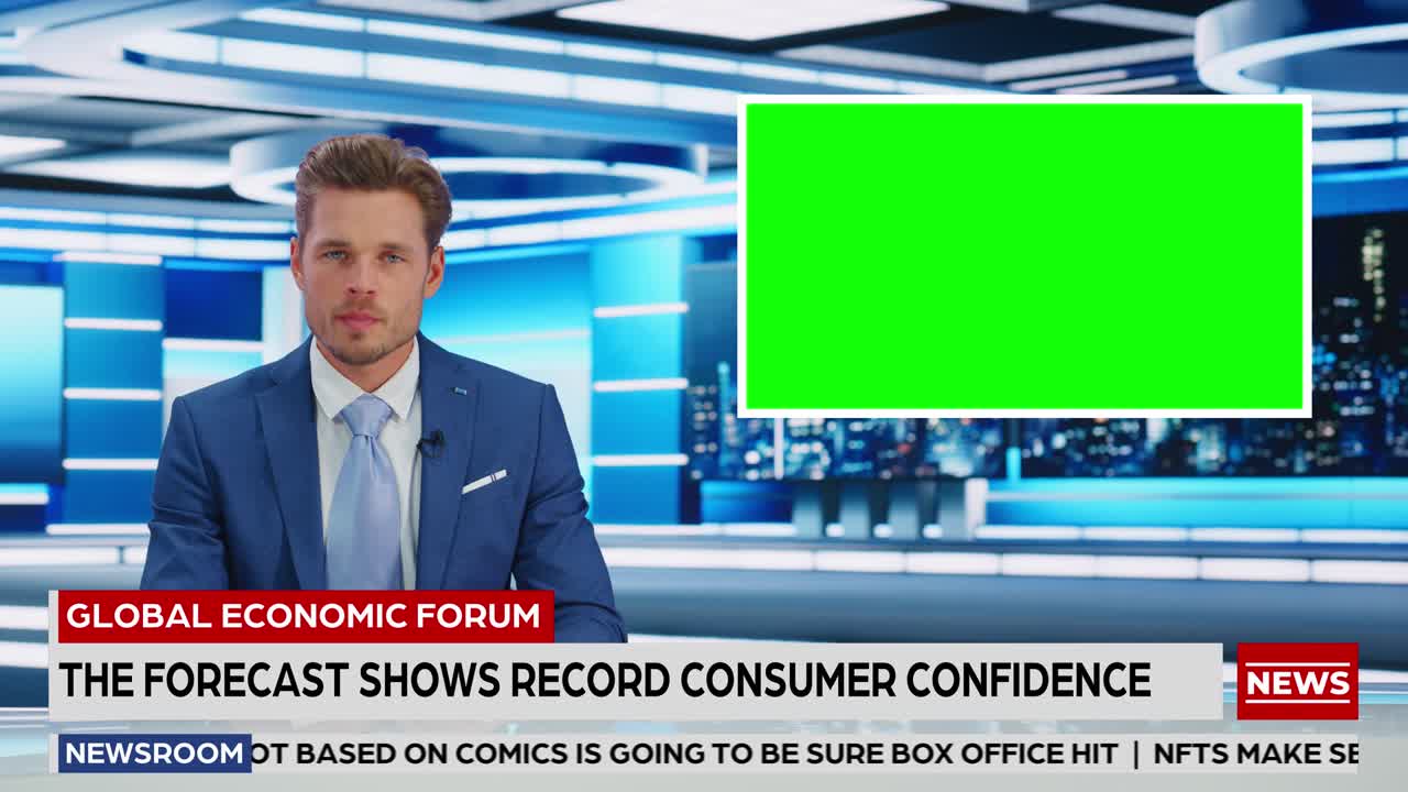 뉴스 tv 스튜디오 라이브 뉴스 프로그램: 백인 남성 진행자 리포팅, 그린 스크린 크로마 키 스크린 사진. 텔레비전 케이블 채널 커 대화, 듣기. 네트워크 방송 모의 재생