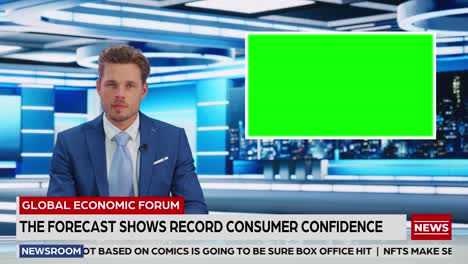 newsroom tv studio live news program: caucasian male presenter reporting, green screen chroma key screen picture. television cable channel anchor talks, listens. network broadcast mock-up playback