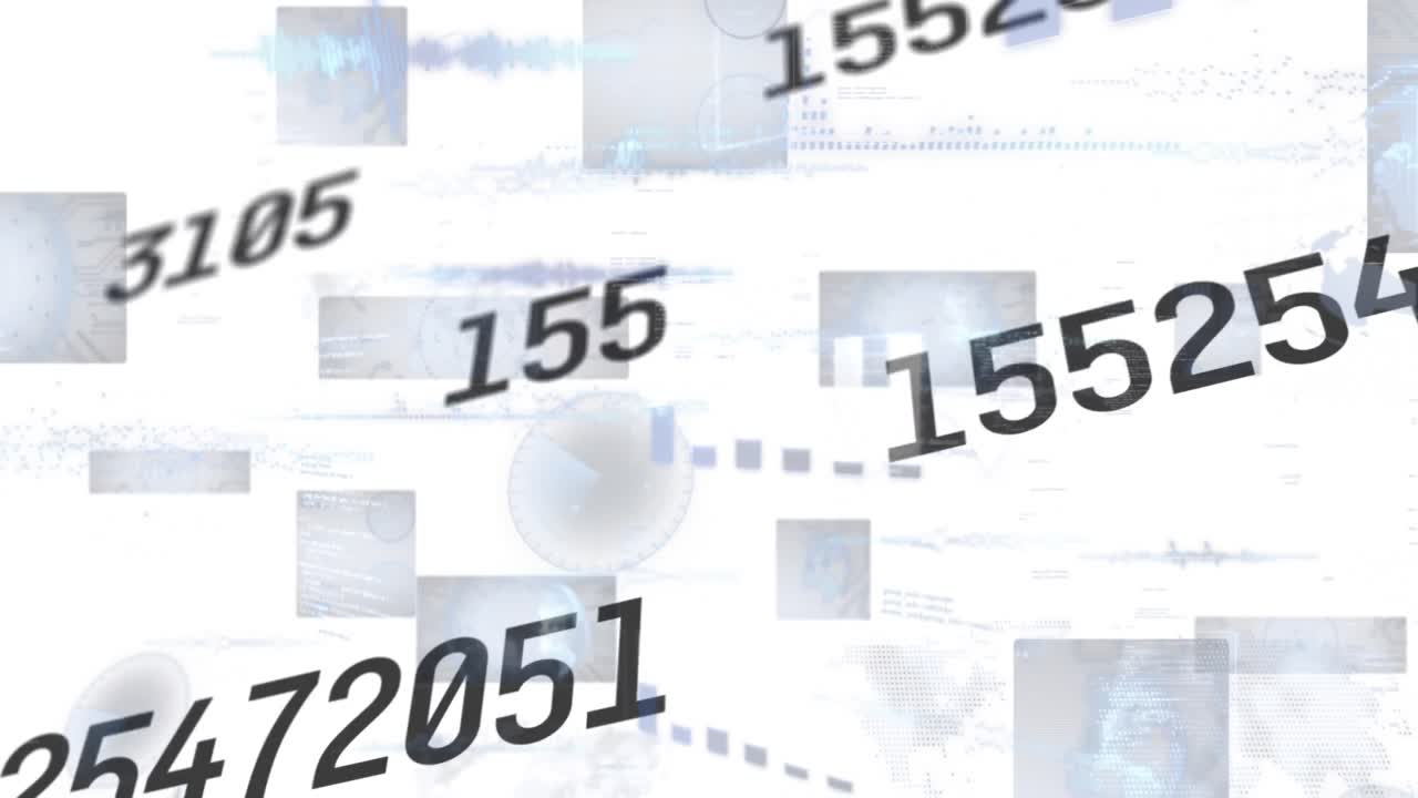 animación de números cambiantes y procesamiento de datos en pantallas sobre fondo blanco