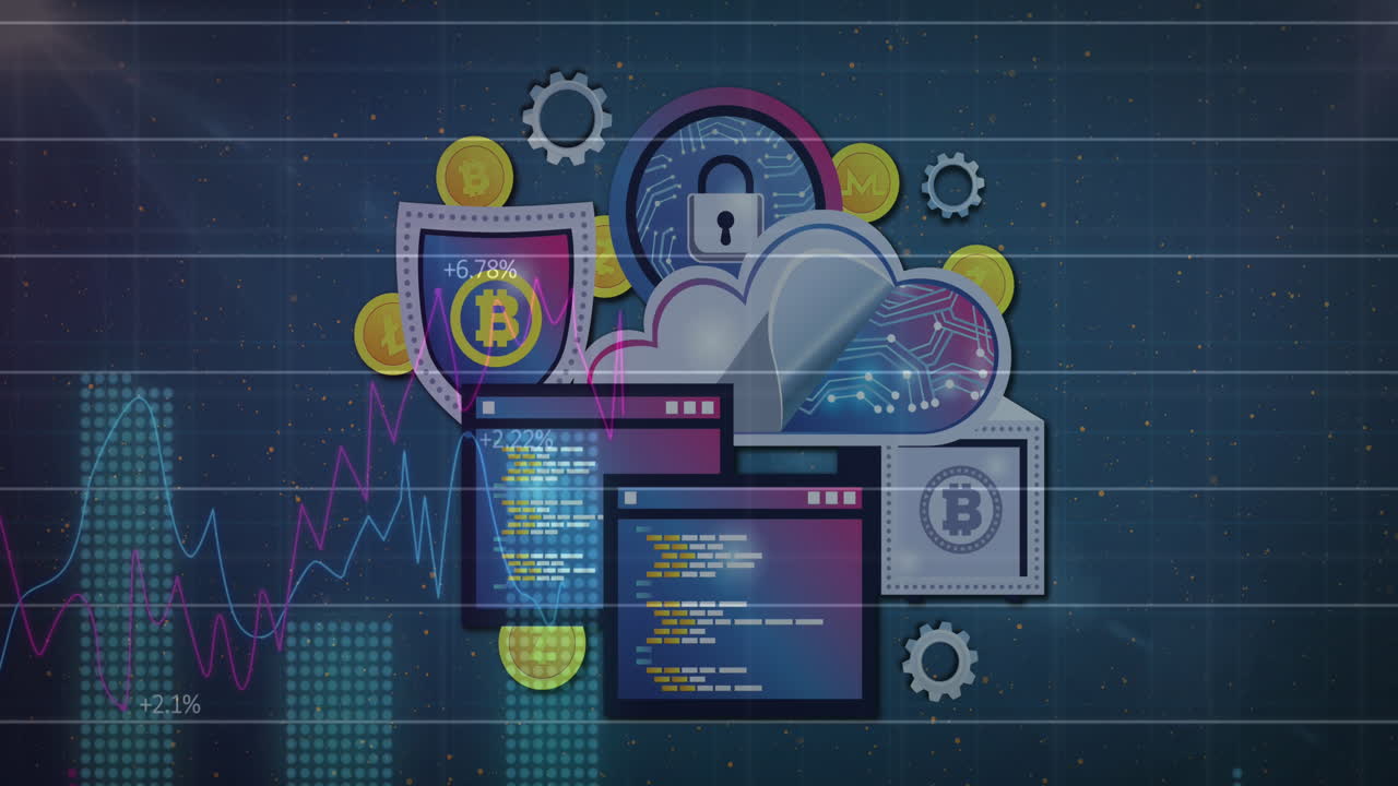 più icone digitali contro l'elaborazione dei dati finanziari su sfondo blu