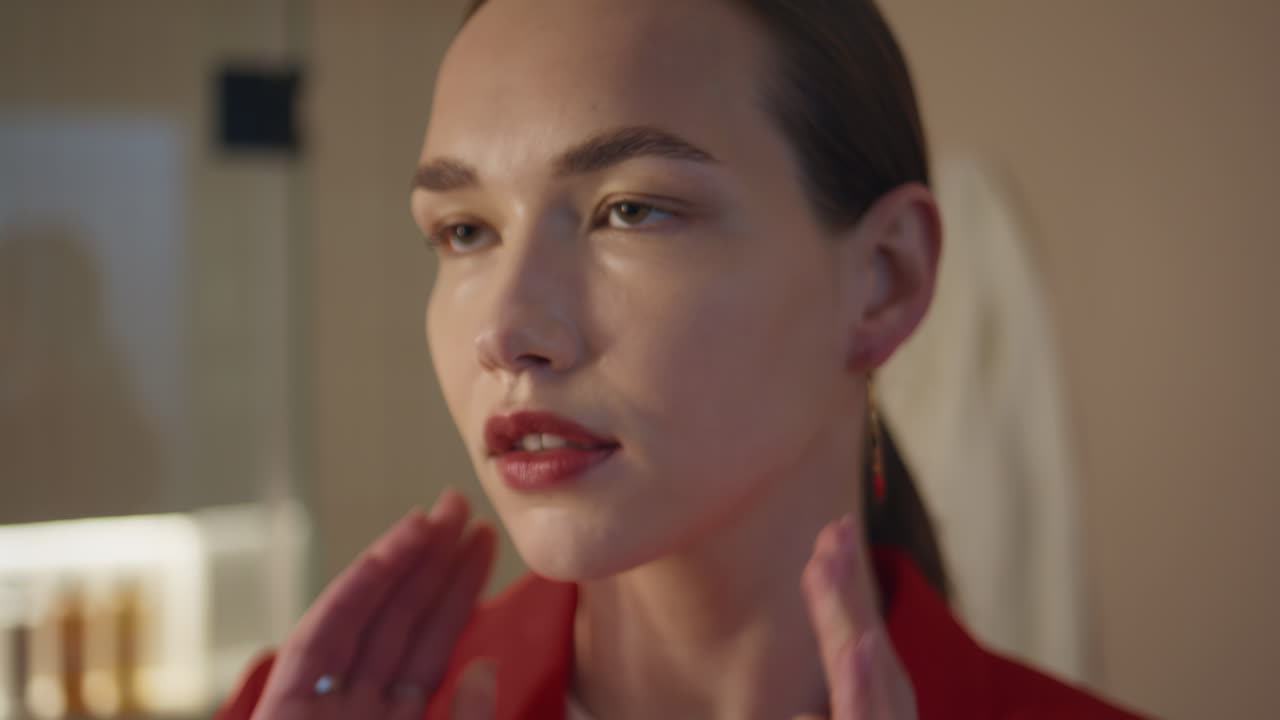 Portrait elegant woman evening admiring beauty. Attractive girl putting earring