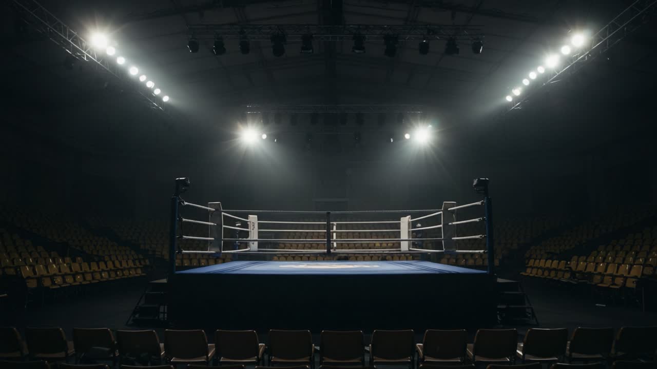 A Profound Stillness Encircles a Boxing Ring Amidst Dim Lighting and Empty Seats, Capturing the Anticipation Before an Electrifying Match Begins
