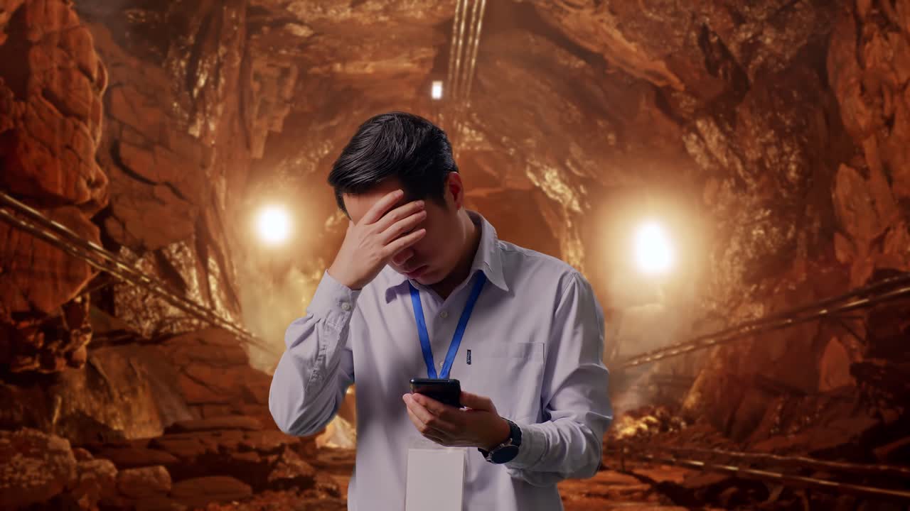 Asian Male Professional Worker Standing With His Smartphone In Underground Mine Tunnel, He Is Nodding His Head With Dissapionted