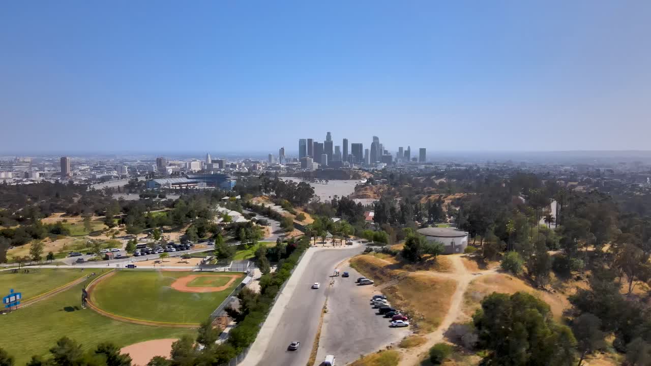Revealing drone footage uncovers the striking panorama of downtown Los Angeles and Dodgers Stadium