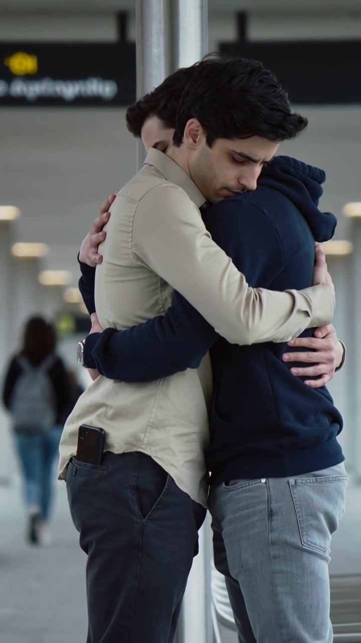 Video verticale: Uomo con camicia beige che abbraccia un uomo con felpa blu navy per conforto vicino a un pilastro