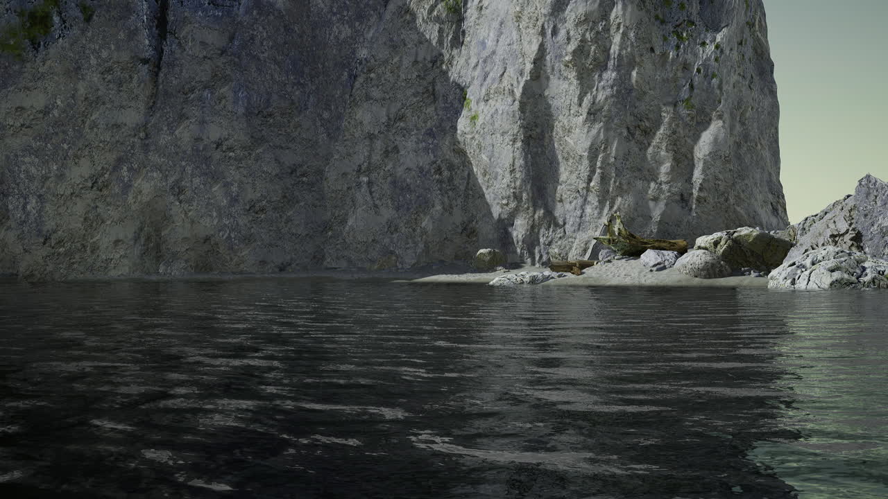 Majestic cliffs rise above serene waters during a tranquil twilight hour