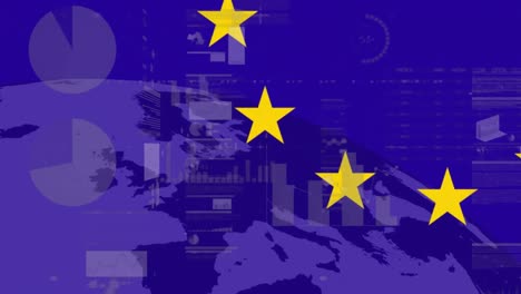 Animation-of-financial-data-processing-over-flag-of-european-union