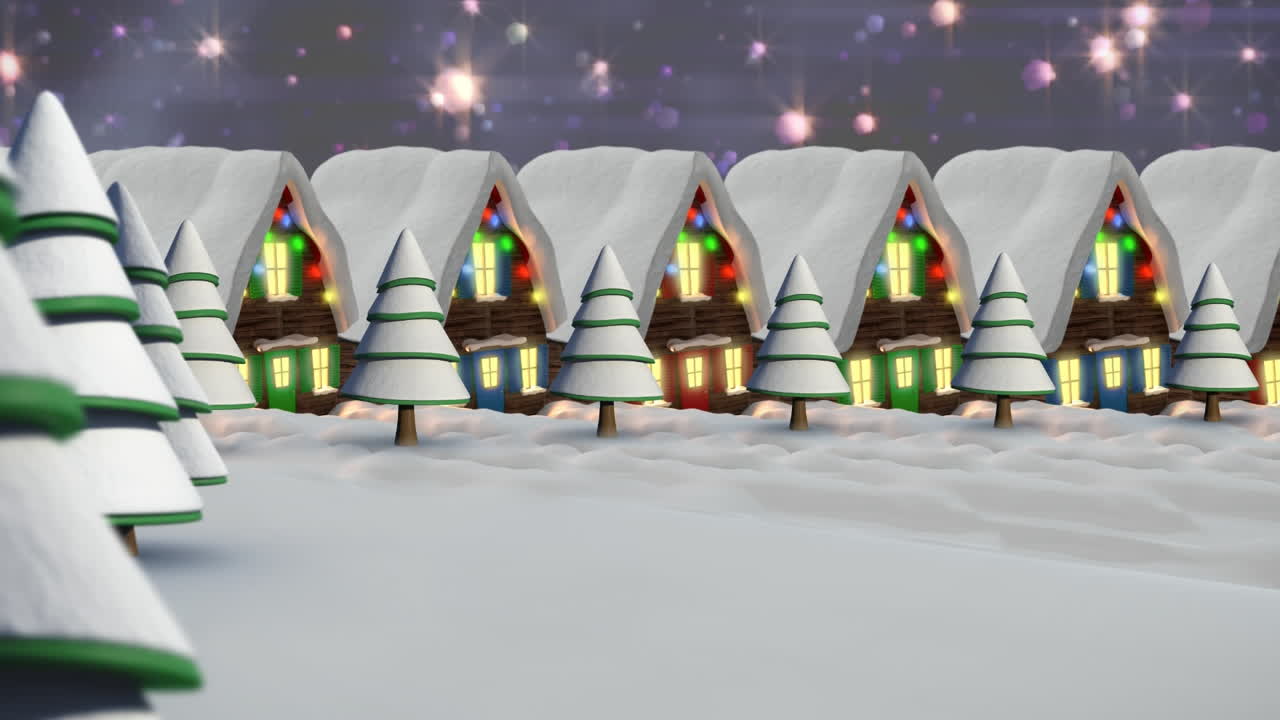 анимация падающих звезд, красочных огней над домами с волшебными огнями