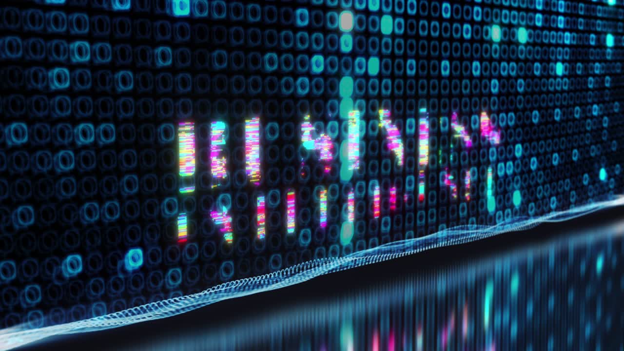 3D-animasjon av fargerik tekst 'Digital Transformation' med flimrende lysanimasjonsloop og digital effektbakgrunn. 4K 3D sømløs loopende 'Digital Transformation' glittereffekt-element for intro.