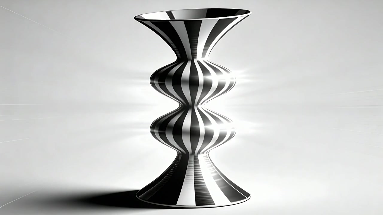 Rotating striped hourglass in studio, light shifting sheen narrowing left shadow showing form
