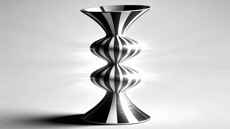 Rotating striped hourglass in studio, light shifting sheen narrowing left shadow showing form