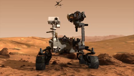 highly photo-realistic 3d cgi animated render showing an alternate hero shot of the mars perseverance rover and the ingenuity helicopter on the rocky surface of the planet mars