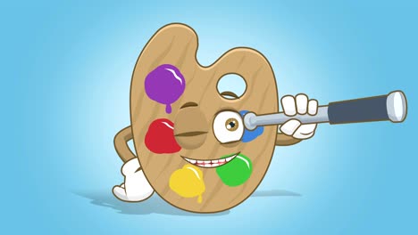 la paleta de colores del artista de dibujos animados se ve a través del telescopio con animación facial alfa mate