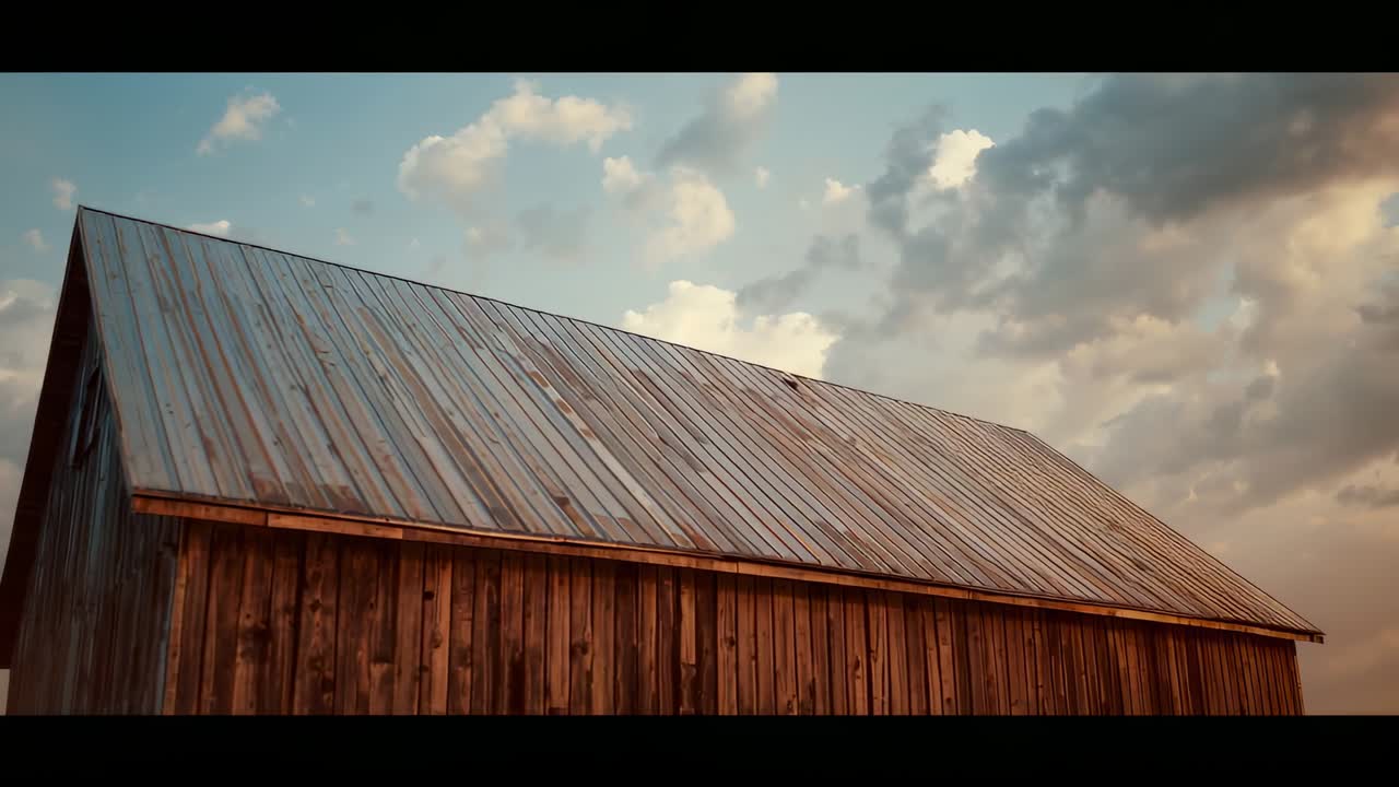 Camera starting panning across barn metal roof on farmland under cumulus sky, showcasing warm light