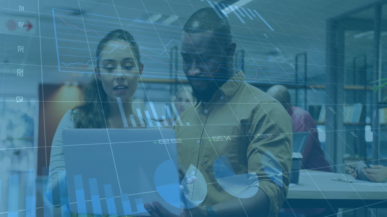 Animation of financial data processing over diverse business people in office