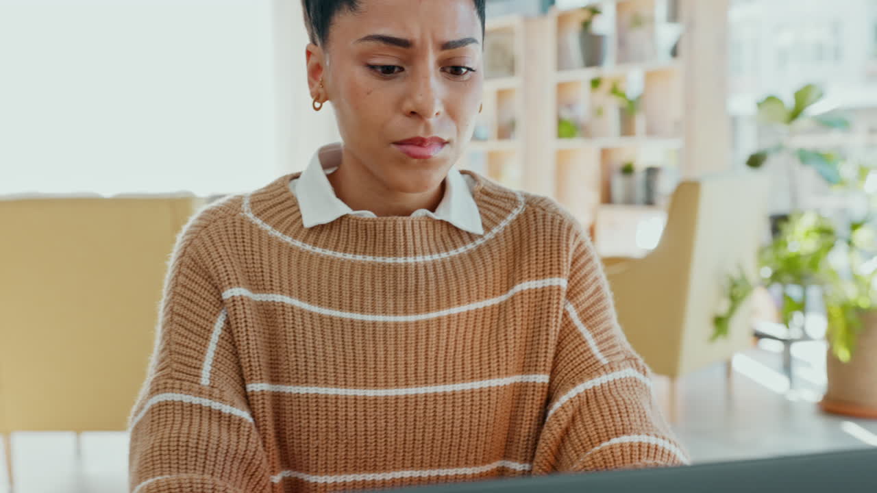 Stress, anxiety and laptop with business woman