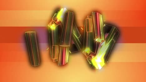 Golden-shiny-cylindrical-shapes-moving-against-multiple-orange-shade-lines-in-background
