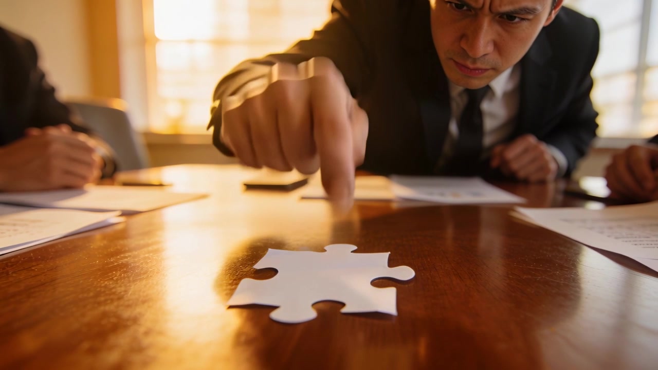 Emphasizing decision, man in dark suit pressing white puzzle piece in meeting room with papers