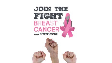 Animation-of-pink-breast-cancer-ribbon-logo-with-breast-cancer-text-over-raised-fists