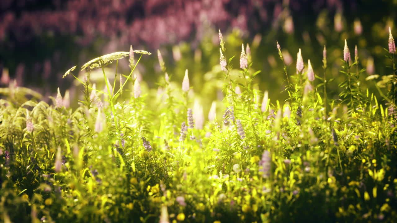 Lush wildflower meadow illuminated by sunlight in a serene natural setting