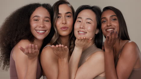 skincare, group and happy women blow kiss