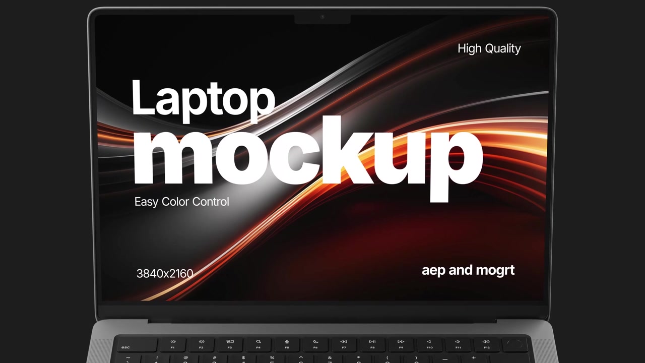 Mockup di laptop moderno aperto su sfondo scuro