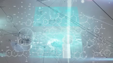 animation of network of connections and chemical structures over screens with data processing