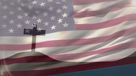 animation of christian cross and flag of united states of america