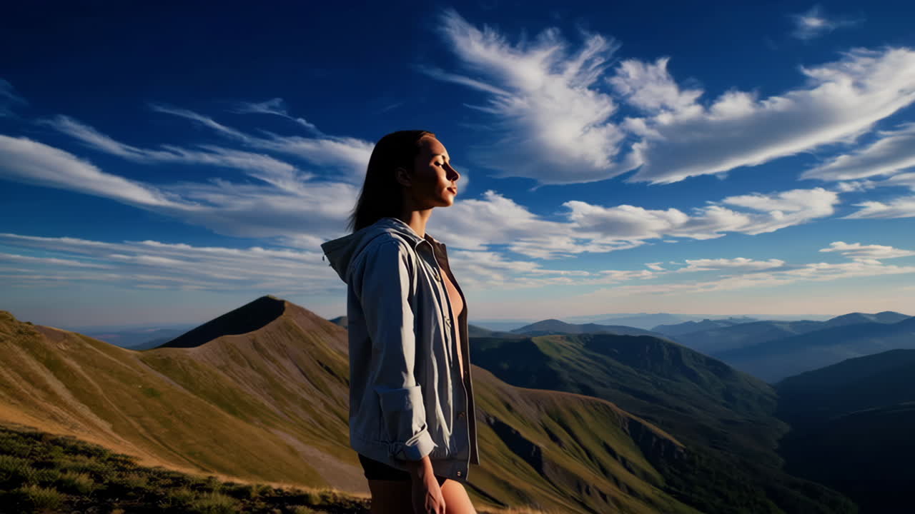 Woman admiring the vast mountain landscape at sunset