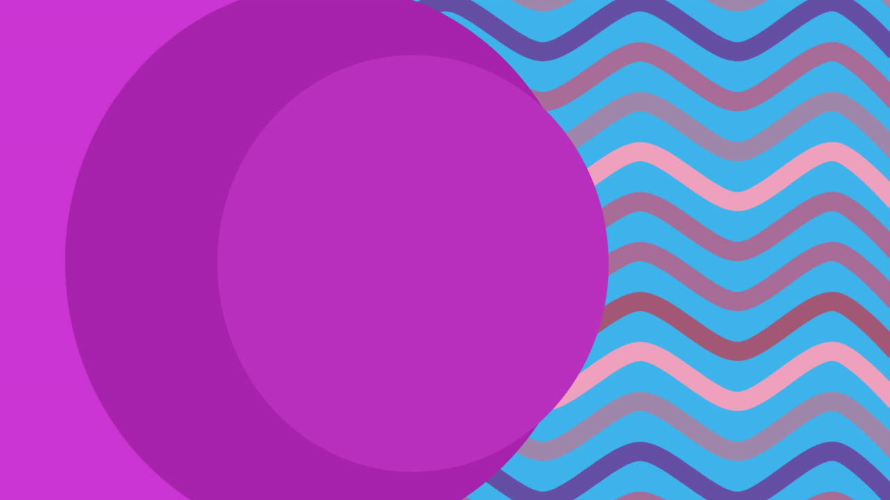 animación de círculos púrpuras sobre líneas onduladas rosadas y púrpuras sobre fondo azul