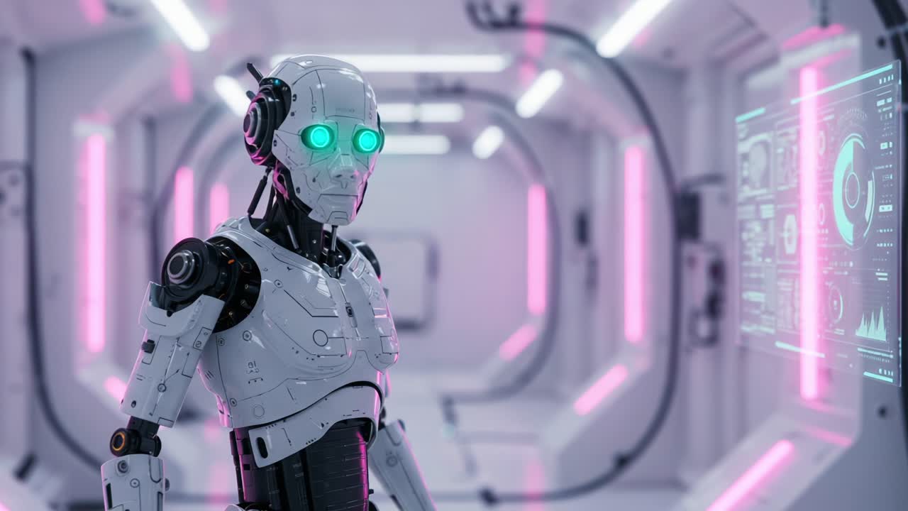 Futuristic Robot with Neon Eyes Displaying High-Tech Interfaces in a Sleek, Minimalist Environment, Blending Advanced Technology with Aesthetic Design Elements