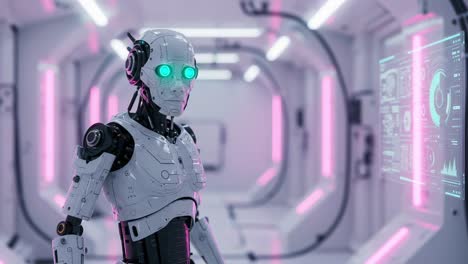 futuristic robot with neon eyes displaying high-tech interfaces in a sleek, minimalist environment, blending advanced technology with aesthetic design elements