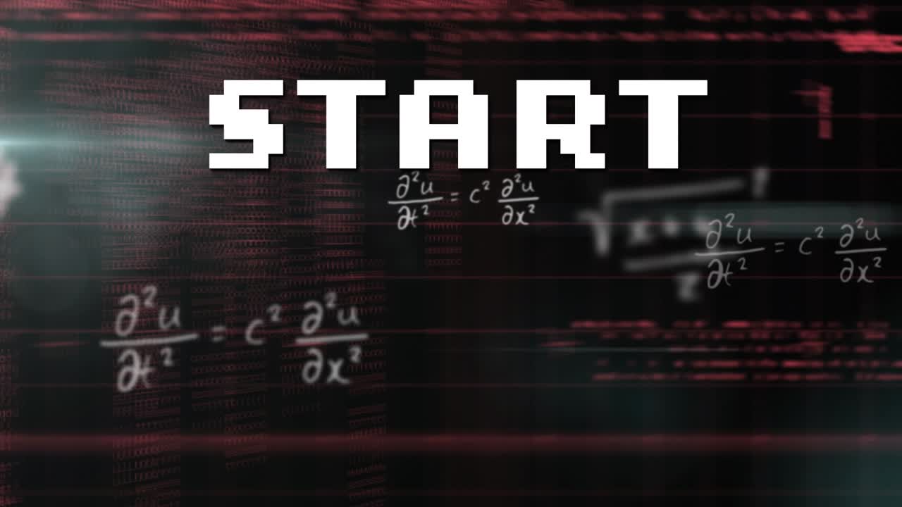 Animazione di testo iniziale ed equazioni matematiche su elaborazione dati su sfondo nero