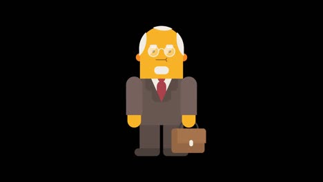 old businessman holding exclamation mark and suitcase. alpha channel