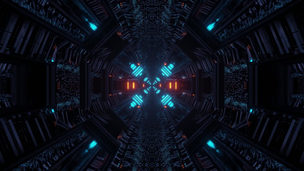 Symetric scifi neon tunnel seamless loop animation 3d render.
