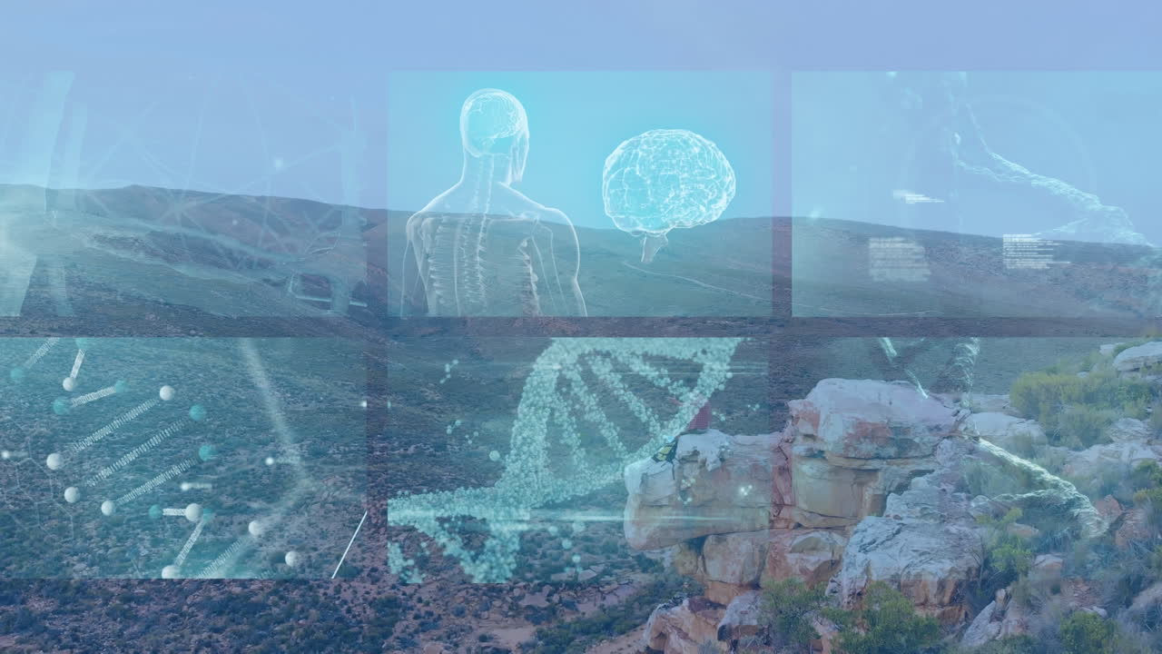 Animation of diverse scientific data on digital screens over landscape